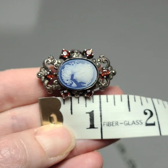 Gothic Blue Cameo And Garnet 925 ss Ring 7.5 jewelry - Picture 9 of 10